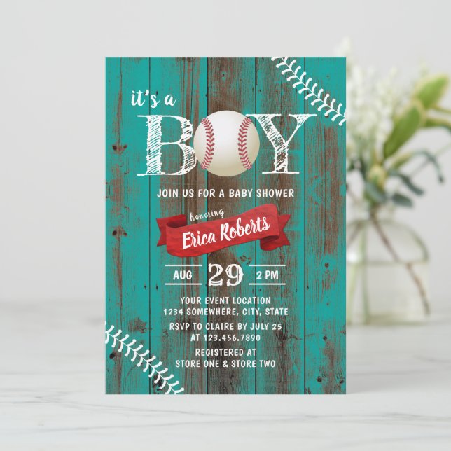 Rustic Baseball Sports Teal Wood Boy Baby Shower Invitation (Standing Front)