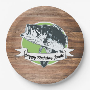 Rustic Bass Fishing Happy Birthday Men's Sports Paper Plate