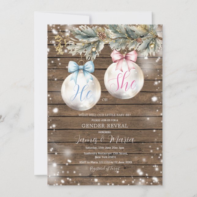 Rustic Bauble Blue Pink Christmas Gender Reveal Invitation (Front)