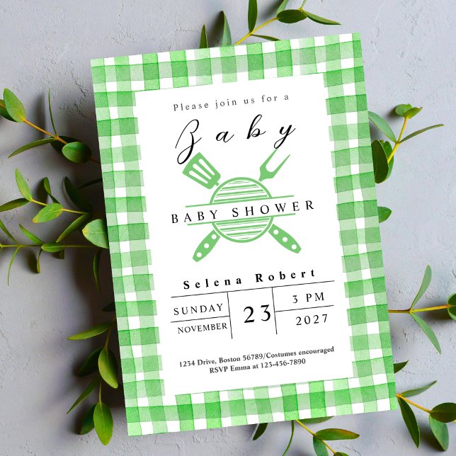 Rustic BBQ picnic baby shower green Invitation (Creator Uploaded)