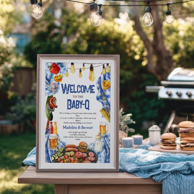 Rustic BBQ Summer Blue Plaid Baby-Q Shower Welcome Poster (Rustic BBQ Summer Blue Plaid Baby-Q Shower Welcome Poster)