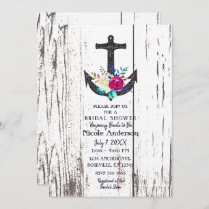 Rustic Beach Anchor & Bold Floral Bridal Shower Invitation