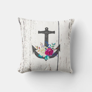 Rustic Beach Anchor & Bold Floral Summer Nautical Cushion