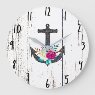 Rustic Beach Anchor & Bold Floral Summer Nautical Large Clock
