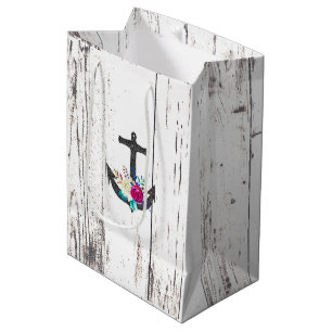 Rustic Beach Anchor & Bold Floral Summer Nautical Medium Gift Bag