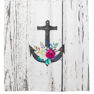 Rustic Beach Anchor & Bold Floral Summer Nautical Shower Curtain