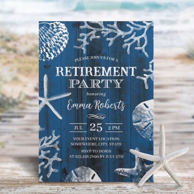 Rustic Beach Coral Reef Starfish Navy Retirement Invitation (Creator Uploaded)