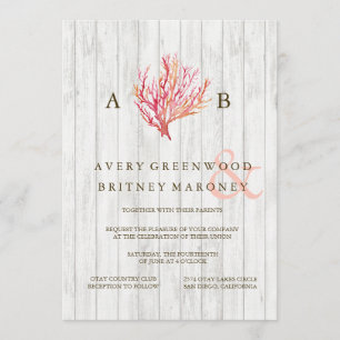 RUSTIC BEACH CORAL WOOD WEDDING INVITATION