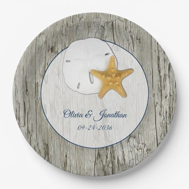 Rustic Beach Driftwood Sand Dollar Wedding  Paper Plate (Front)