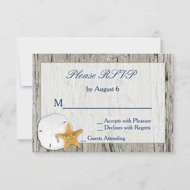 Rustic Beach Driftwood Sand Dollar Wedding RSVP Card (Front)