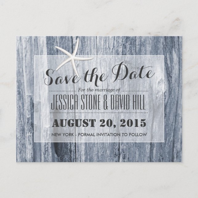 Rustic Beach Driftwood & Starfish Save the Date Announcement Postcard (Front)