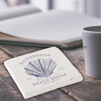 Rustic Beach House Family Name Nautical | Blue Stone Coaster