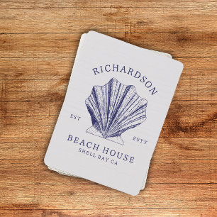 Rustic Beach House Family Name Shell   Navy Blue Playing Cards