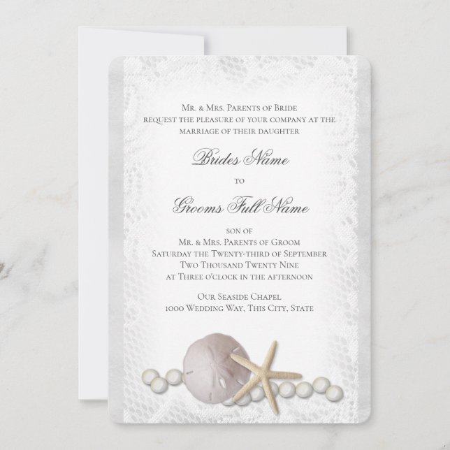 Rustic Beach Lace and Pearl Invitation (Front)