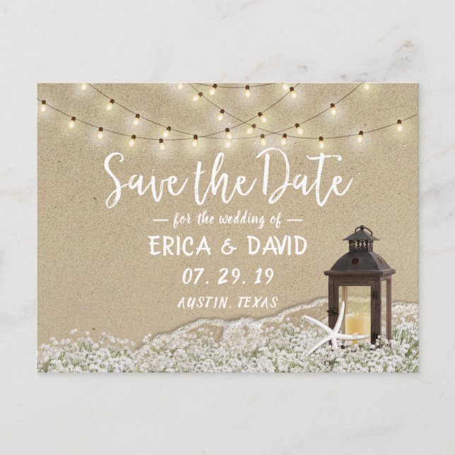 Rustic Beach Lantern String Lights Save the Date Announcement Postcard (Front)