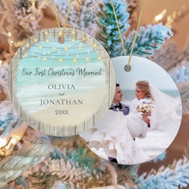 Rustic Beach Newlywed Photo First Christmas Ceramic Ornament (Creator Uploaded)