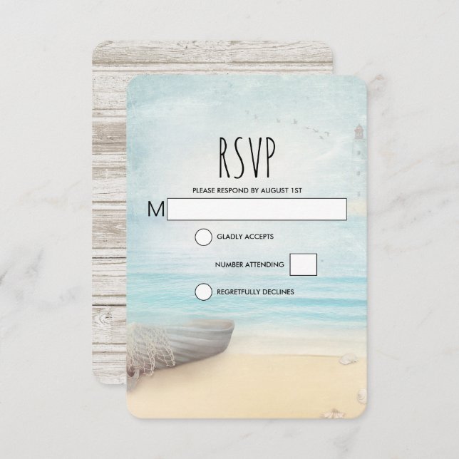 Rustic Beach Scene with Boat Wedding RSVP Card (Front/Back)
