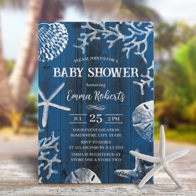 Rustic Beach Seashells Navy Blue Baby Shower Invitation (Creator Uploaded)