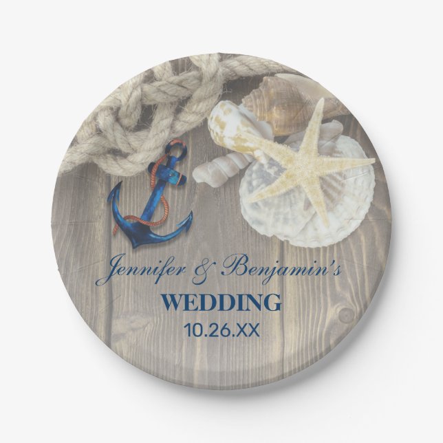 Rustic Beach Shell Navy Anchor Nautical Wedding Paper Plate (Front)