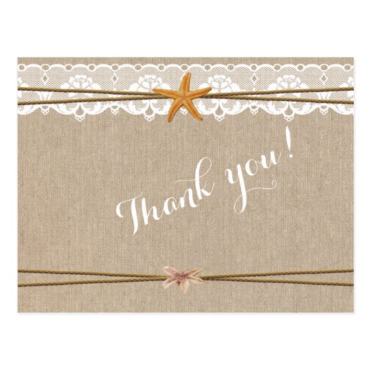 Rustic Beach Starfish Lace Wedding Thank You Postcard