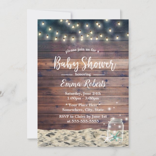 Rustic Beach Starfish String Lights Baby Shower Invitation (Front)
