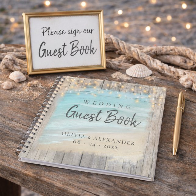 Rustic Beach String Lights Wedding Guest Book (Creator Uploaded)