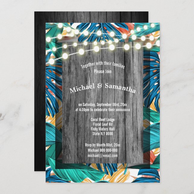 Rustic beach stringlights tropical jungle wedding invitation (Front/Back)