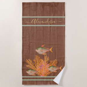 Rustic Beach Tropical Fish Sage Green Coral Pink Beach Towel