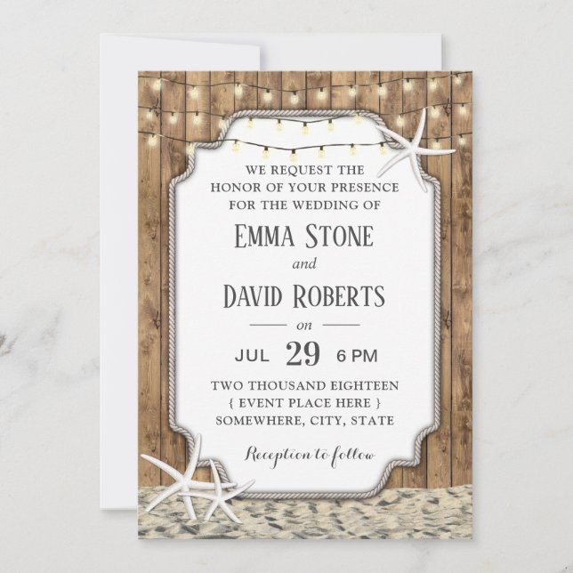 Rustic Beach Wedding Starfish & String Lights Invitation (Front)