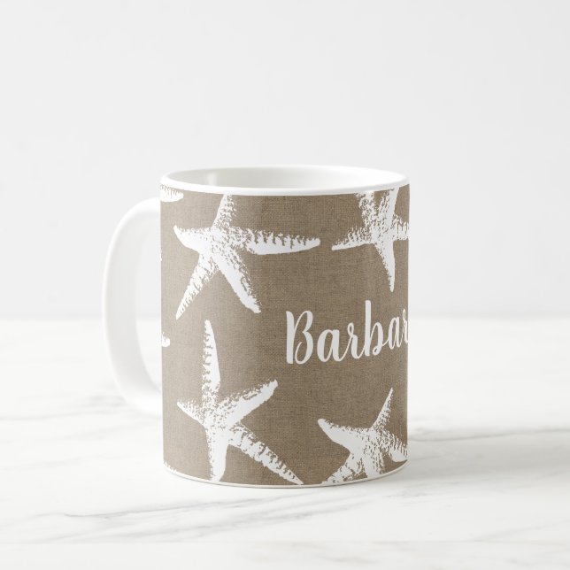 Rustic Beach White Starfish & Faux Burlap Coffee Mug (Front Left)