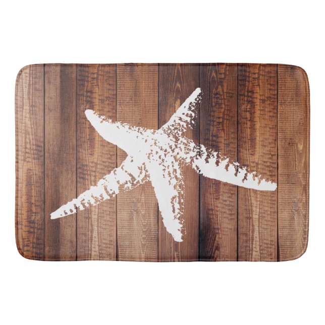Rustic Beach White Starfish & Wood Planks Bath Mat (Front)