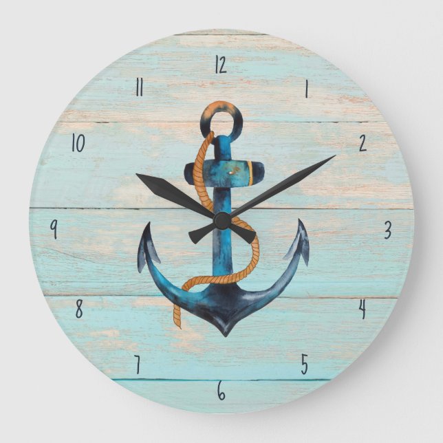 Rustic Beach Wood Nautical Anchor Coastal Large Clock (Front)