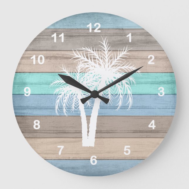 Rustic Beach Wood Nautical and White Palm Trees Large Clock (Front)