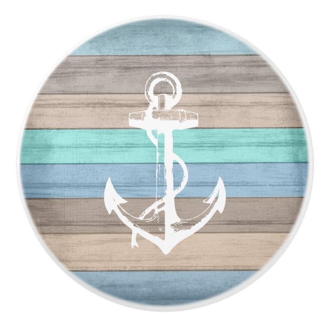 Rustic Beach Wood Nautical Stripes & Anchor Ceramic Knob (Front)