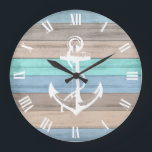 Rustic Beach Wood Nautical Stripes & Anchor Large Clock<br><div class="desc">🥇 ONLY AVAILABLE HERE ON ZAZZLE! Wall Clock. Add style to your home with this Rustic Beach Wood Nautical Stripes & Anchor Clock. This clock can be personalised with names and a date. Makes a wonderful housewarming gift, a wedding or anniversary gift. ✔Note: Not all template areas need changed. 📌If...</div>
