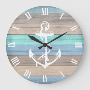 Rustic Beach Wood Nautical Stripes & Anchor Large Clock