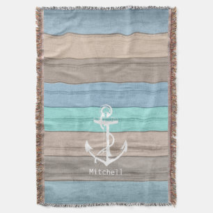 Rustic Beach Wood Nautical Stripes & Anchor Throw Blanket