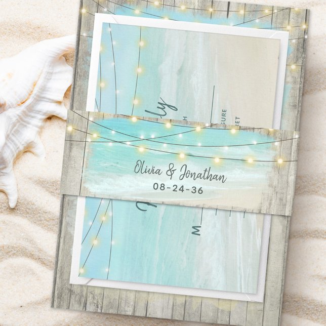 Rustic Beach Wood String Lights Ocean Wedding Invitation Belly Band (Creator Uploaded)