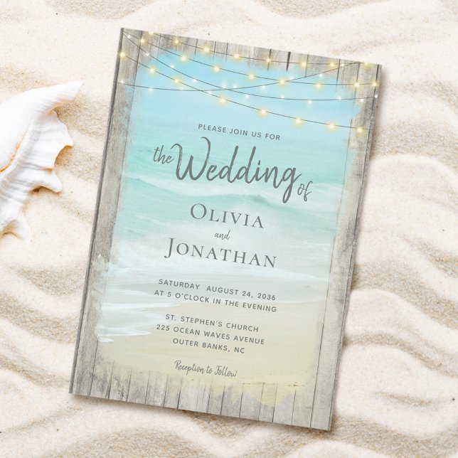 Rustic Beach Wood String Lights Waves Wedding Invitation (Creator Uploaded)
