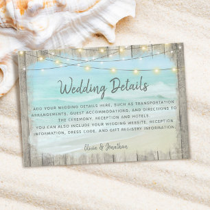 Rustic Beach Wood String Lights Wedding Details Enclosure Card
