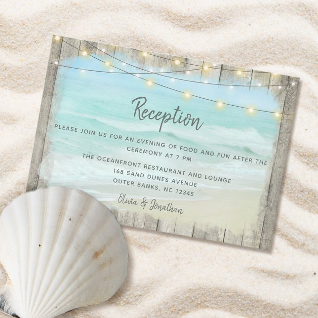 Rustic Beach Wood String Lights Wedding Reception Enclosure Card (Creator Uploaded)