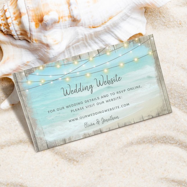 Rustic Beach Wood String Lights Wedding Website Enclosure Card (Creator Uploaded)