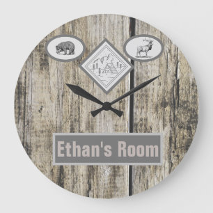 Rustic Bear and Elk Monogram Boy Large Clock