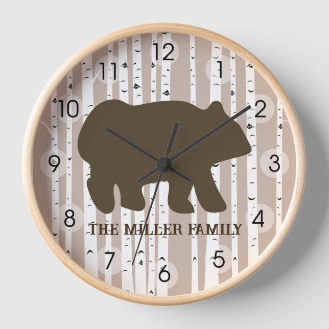 Rustic Bear Birch Tree Lodge Log Cabin Clock (Front)