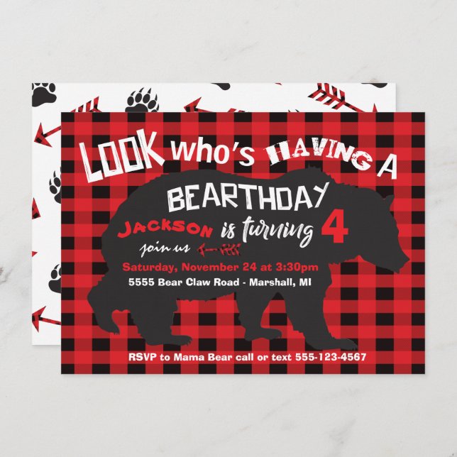 Rustic Bear Birthday Invitation with flannel (Front/Back)