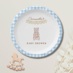 Rustic Bear Blue Watercolor Gingham Baby Shower Paper Plate