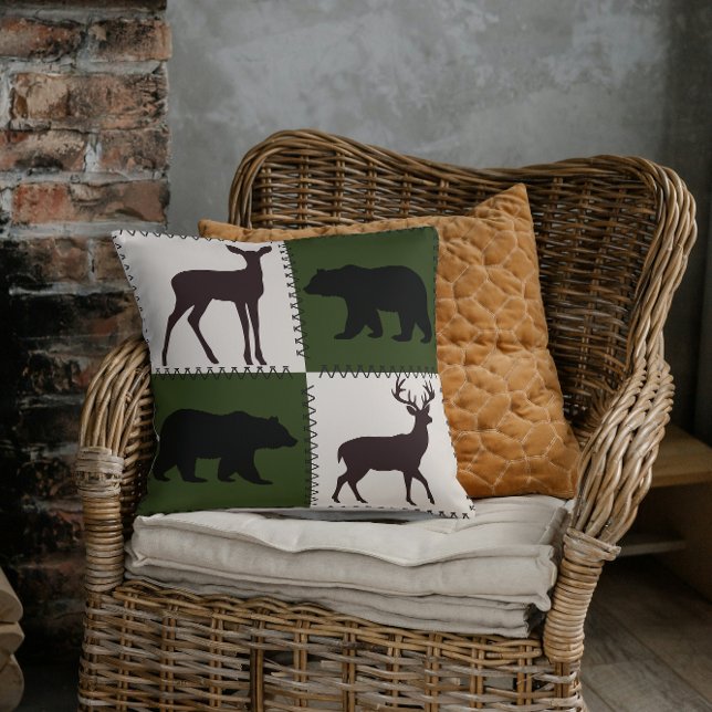 Rustic Bear & Deer, Dark Green & Cream Squares Cushion (Creator Uploaded)