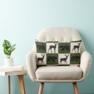 Rustic Bear & Deer, Dark Green & Cream Squares Lumbar Cushion