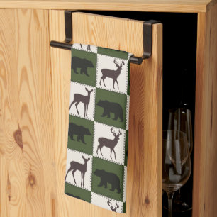 Rustic Bear & Deer, Dark Green & Cream Squares Tea Towel