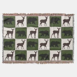 Rustic Bear & Deer, Dark Green & Cream Squares Throw Blanket